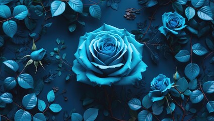 Poster - Blue roses surrounded by green leaves and buds on a dark blue background in a close-up arrangement