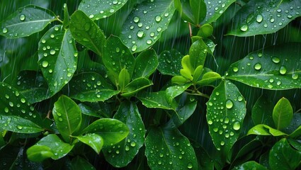 Poster - Green leaves with water droplets under natural light background in a close-up view during rainfall.