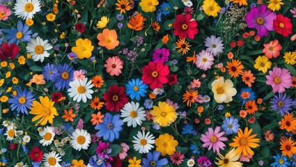 Poster - Colorful field of mixed wildflowers in full bloom with various shapes and sizes on green background.