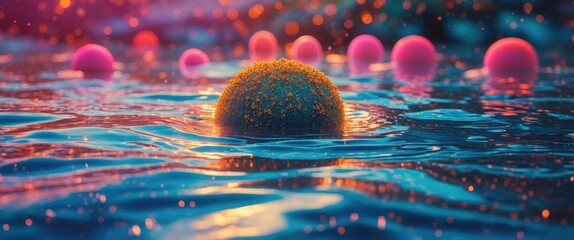 Poster - Abstract floating spheres with vibrant colors in water surface reflecting light during dusk or dawn in high detail.