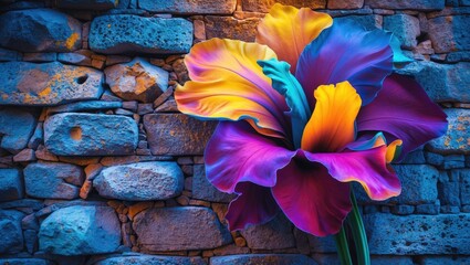 Poster - Vibrant oversized flower with multicolored petals against a rough stone wall background
