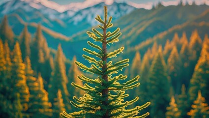 Poster - Close-up of a young pine tree in a lush green forest with distant snow-capped mountains during golden hour light.
