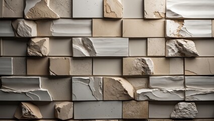 Poster - Textured wall tiles in beige and gray with uneven surfaces and natural stone elements creating a modern architectural design background