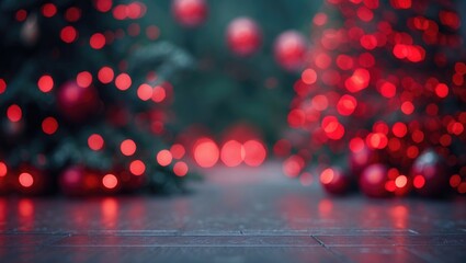 Aufkleber - Out-of-focus Christmas scene with red and gold ornaments on trees and soft bokeh lights on a wooden floor background