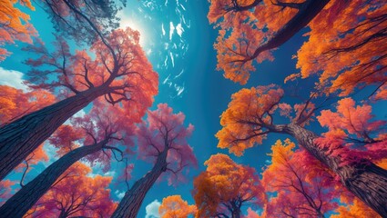Aufkleber - Vibrant autumn foliage viewed from below revealing colorful leaves against a bright blue sky with scattered clouds