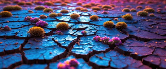 Aufkleber - Cracked earth landscape with colorful flowers and moss in vibrant lighting during sunset or sunrise