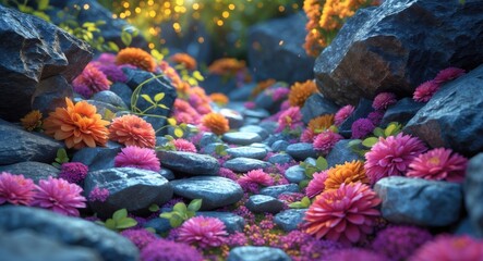 Aufkleber - Vibrant flower garden path with colorful blossoms and stones in natural setting illuminated by soft light effects