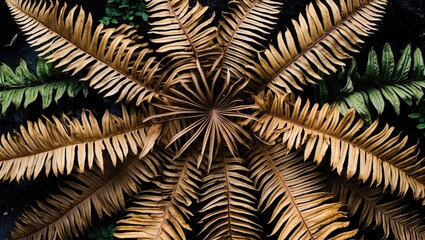 Poster - Top view of tropical fern leaves in contrasting colors of dried brown and fresh green arranged in a radial pattern on a dark background