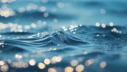 Poster - Water surface with gentle waves and bokeh lights reflecting sunlight in a serene blue tone
