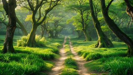 Poster - Lush green forest path with vibrant trees, dappled sunlight filtering through foliage, serene landscape with winding dirt trail