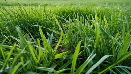 Poster - Close-up view of lush green grass blades with a soft focus in a vibrant natural outdoor setting