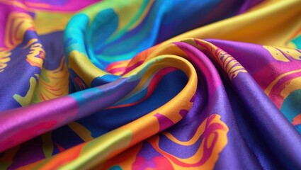 Leinwandbilder - Colorful abstract fabric pattern with vibrant swirling design in bright hues of blue, purple, yellow and orange draped texture close-up.