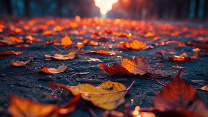 Poster - Fallen autumn leaves on a pathway at sunset with warm orange and yellow hues illuminating the scene