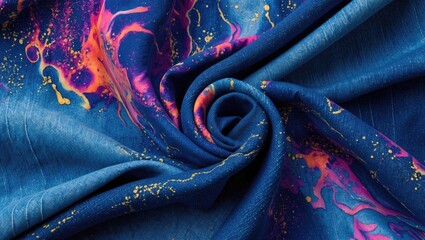 Aufkleber - Abstract blue fabric with vibrant pink and orange watercolor patterns in fabric swirl texture close up detail