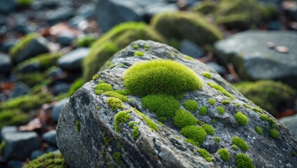 Poster - Green moss covering a textured rock in a natural outdoor setting with blurred stones and foliage in the background