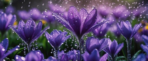 Poster - Purple flowers with water droplets on petals in a lush green garden background during springtime.