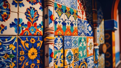 Aufkleber - Colorful vintage ceramic tiles with intricate floral patterns in blue, yellow, orange, and green arranged on a wall.