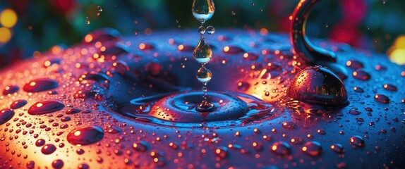 Poster - Close-up of water droplets on a shiny surface with shallow depth of field and colorful bokeh background in evening light.