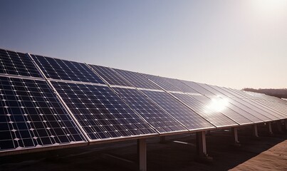 Solar Panels Reflecting Sunlight in a Desert Landscape