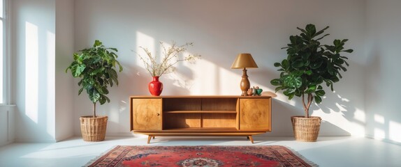 Aufkleber - Modern interior design with wooden furniture, potted plants, vase, lamp, and decorative rug in well-lit space