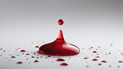 Poster - Red liquid droplets on a reflective surface with a central larger droplet and smaller droplets surrounding it