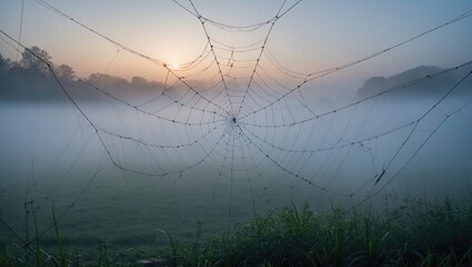 Aufkleber - Spider web in a foggy field at dawn with sunlight illuminating the misty landscape and surrounding foliage.