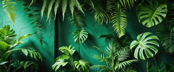 Poster - Lush green tropical plants against a textured turquoise wall showcasing various leaf patterns and shapes in natural light