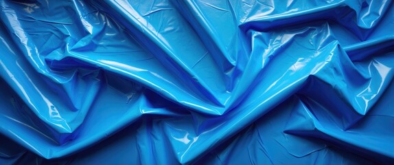 Poster - Blue glossy plastic sheet with wrinkles and folds creating a smooth textured background.