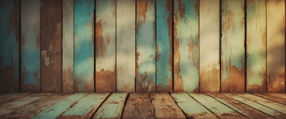 Poster - Wooden wall and floor interior with peeling paint in blue and brown tones, textured background for rustic or vintage themes.