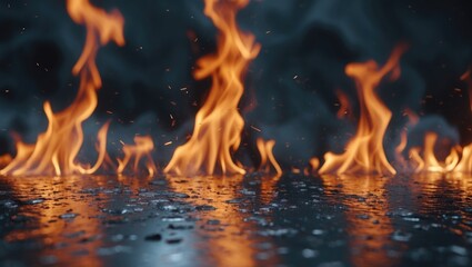 Leinwandbilder - Flames with reflections on wet surface in dark setting creating a dramatic lighting effect