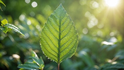 Poster - Close-up view of a green leaf illuminated by sunlight with a blurred botanical background in a natural setting