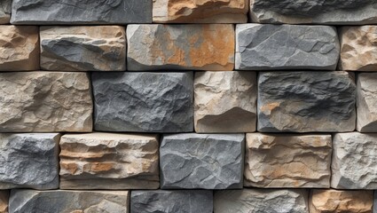Poster - Textured wall of uneven stone bricks in varying shades of gray and beige arranged in a systematic manner forming a cohesive pattern.