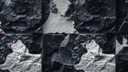Poster - Black and white textured stone surface with abstract patterns and rough rock formations in a seamless tile layout
