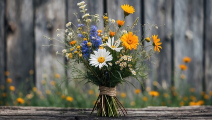 Poster - Colorful wildflower bouquet with daisies and yellow blooms on a rustic wooden background with blurred flowers in the field