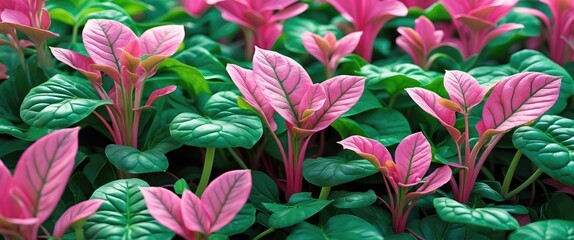 Poster - vibrant green and pink foliage of tropical plants in a lush garden setting botanical texture background