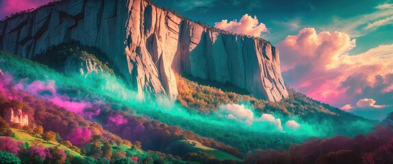 Aufkleber - Vibrant sunset landscape featuring a towering rock formation surrounded by colorful foliage and misty clouds in a vivid sky setting
