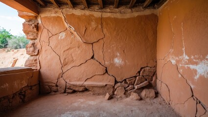 Aufkleber - Interior view of a room with cracked and peeling terracotta walls and rustic wooden ceiling in an abandoned building