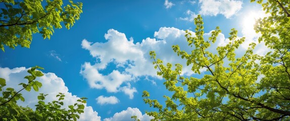 Poster - Bright blue sky with scattered fluffy clouds observed through lush green tree leaves under sunlight.