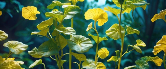 Poster - Yellow leaves and green plants in natural forest setting with soft lighting and blurred background for foliage nature concept