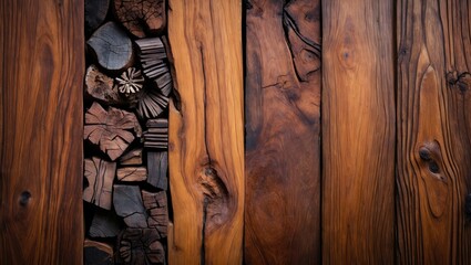 Poster - Wooden texture background with stacked logs and planks in various shades of brown and black natural wood grain patterns