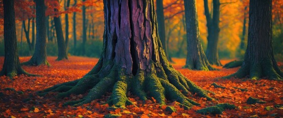 Poster - Autumn forest scene featuring a large tree trunk with mossy roots surrounded by colorful fallen leaves on the ground.