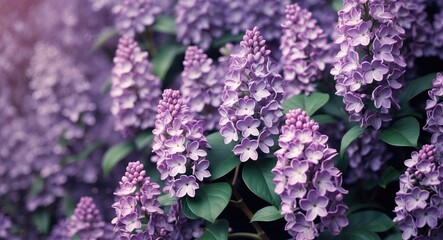Poster - Lilac flowers in full bloom with vivid purple clusters and lush green leaves in a natural setting