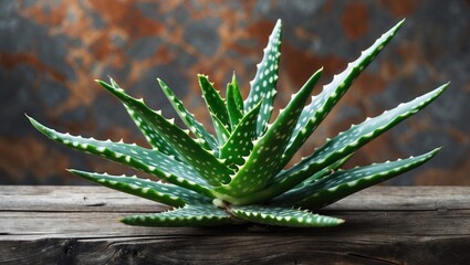Poster - Aloe vera plant with thick green leaves on wooden surface with blurred rustic background