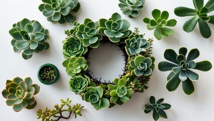 Poster - Succulent plants arranged in a circular pattern with diverse shapes and shades of green on a white background
