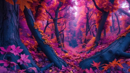 Poster - Vibrant colorful autumn forest landscape with purple and orange foliage and winding path through trees in surreal atmosphere