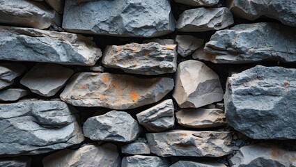 Poster - Textured background of irregular gray stones arranged in a wall pattern with natural color variations and mineral deposits