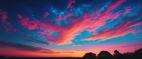 Aufkleber - Vibrant sunset sky with colorful clouds and stars over silhouetted landscape in twilight illumination