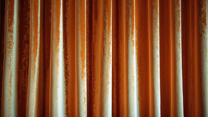 Poster - Textured vintage fabric curtain background in warm tones with vertical folds and subtle distressing effects.