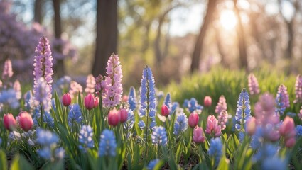 Poster - Colorful spring flowers in a lush garden under soft sunlight with blurred background of trees and foliage in a serene natural setting