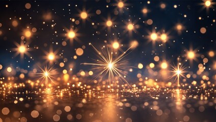 Aufkleber - Golden bokeh lights and stars on dark background creating an abstract shimmering festive atmosphere